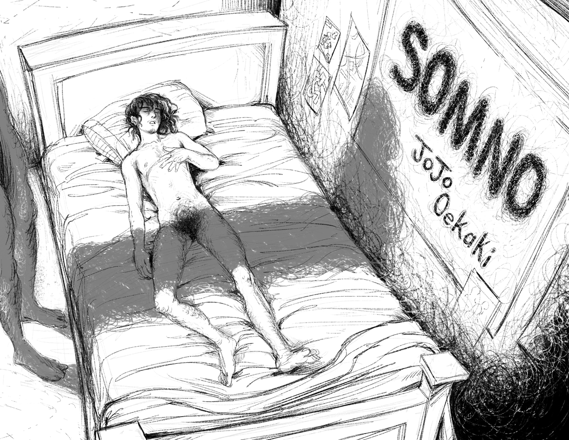 Cover image of a nude trans man lying on a bed. His legs are spreads, body fully in view. A shadow falls over him, cast by the man standing over him. All we see of this man is his legs.